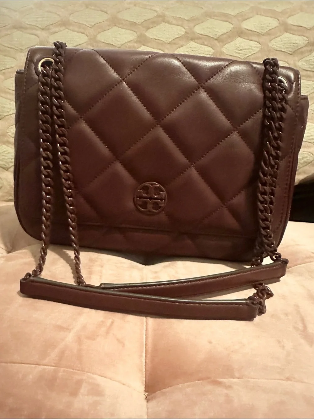 Tory Burch Quilted Burgundy Leather Shoulder Bag with Wallet